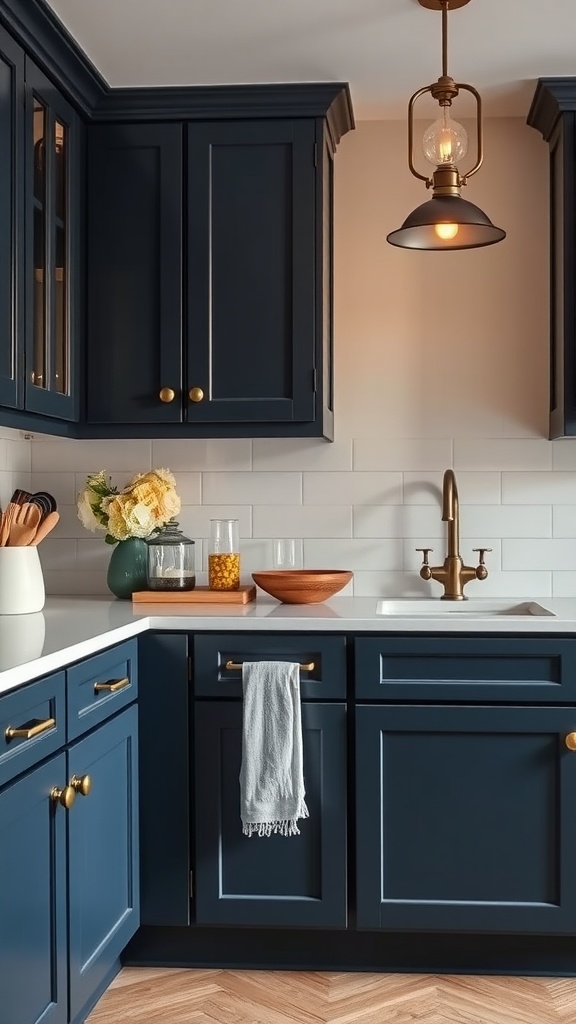 A kitchen featuring bold navy blue cabinets with gold hardware and a light-colored countertop.