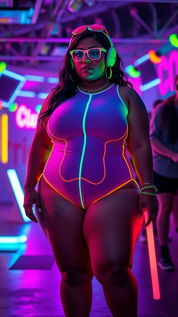 A plus-size woman wearing a bold neon bodysuit, surrounded by vibrant neon lights at a rave.