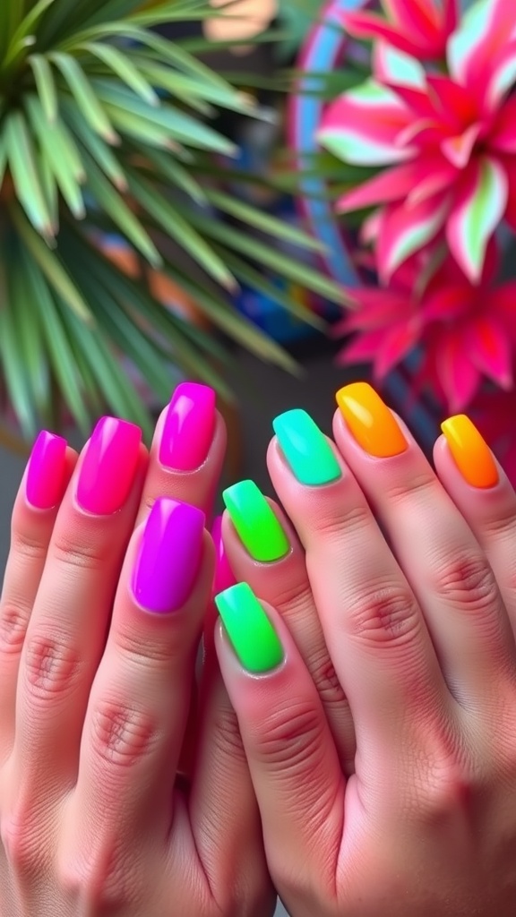 Two hands displaying bold neon colored nails including pink, green, orange, and purple, surrounded by tropical plants.