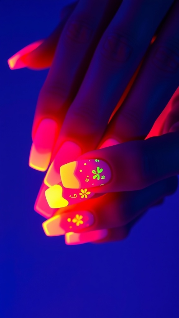 Neon French tip nails with floral designs glowing under black light