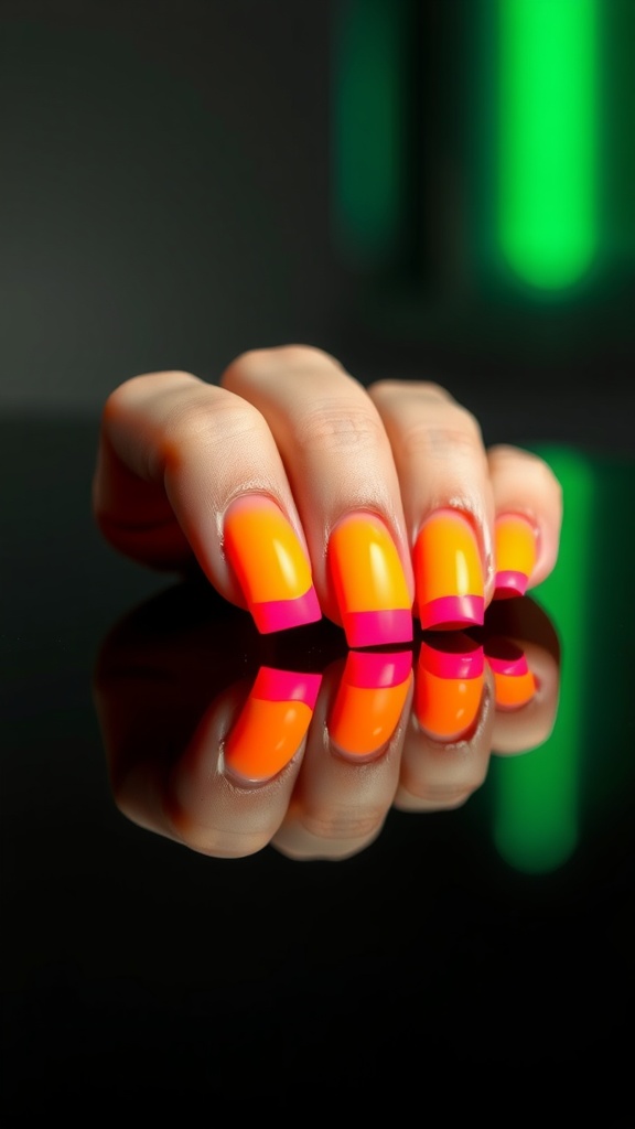 Close-up of hands with bold neon French tip nails in orange and pink