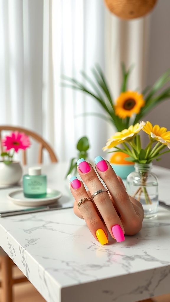 A hand with bold neon French tip nails, featuring bright pink, blue, and yellow colors, set against a vibrant background with flowers.