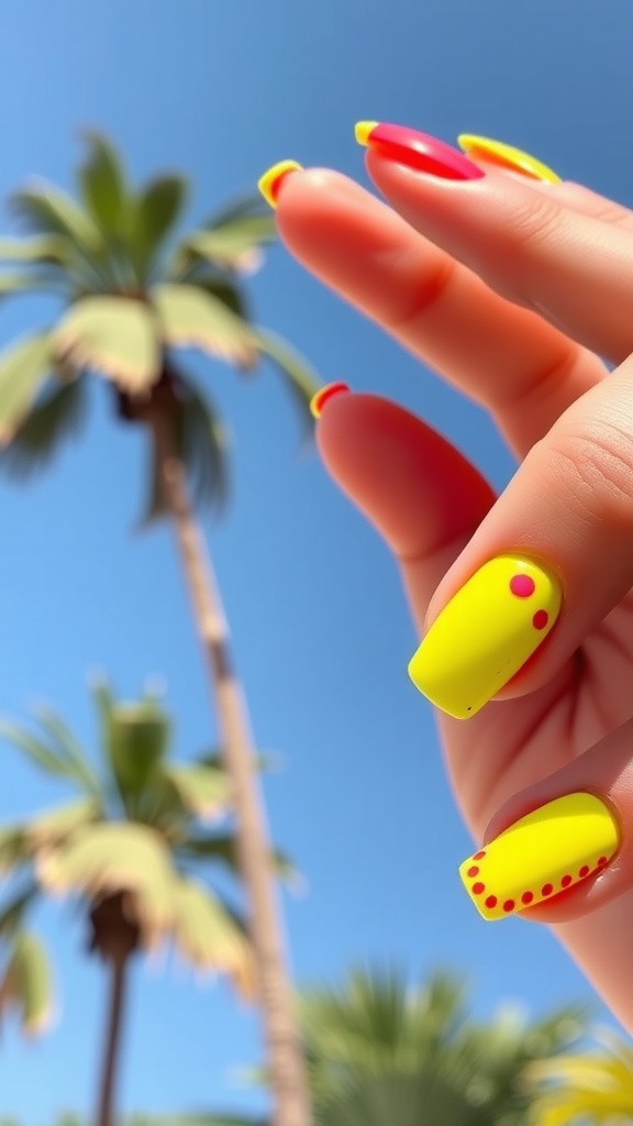 Close-up of brightly colored nails with yellow base and red tips, set against a blue sky and palm trees.