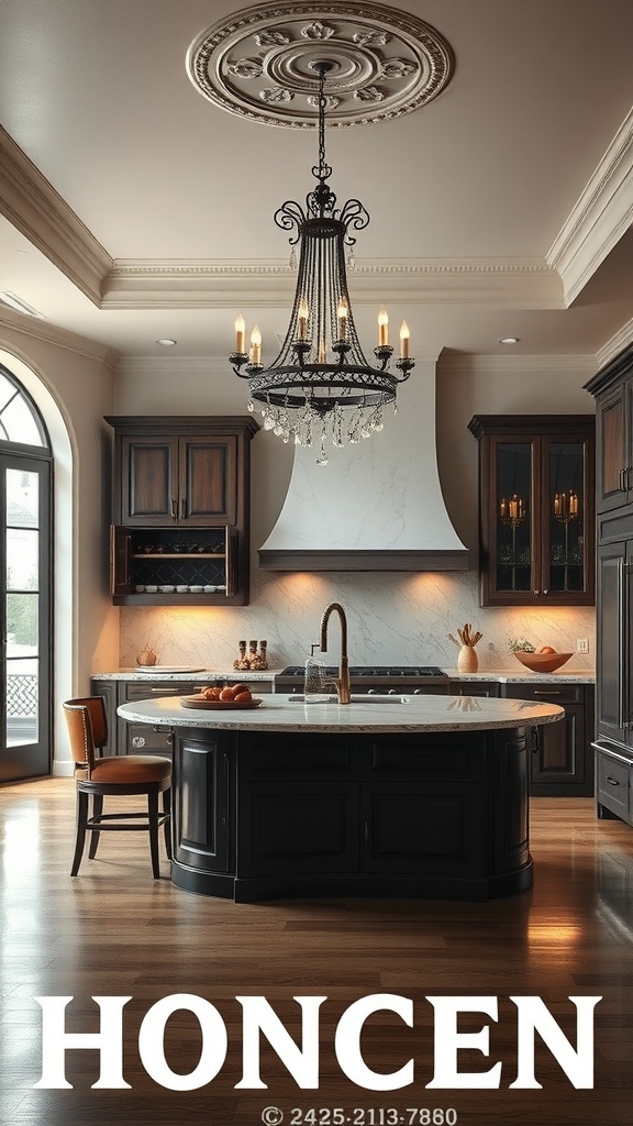 A bold black chandelier hanging over a kitchen island, showcasing an elegant design.