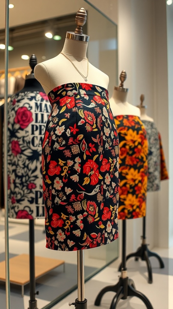 Display of bold patterned mini pencil skirts in a store