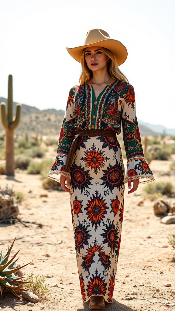 A woman wearing a colorful dress with bold floral patterns and a wide-brimmed hat in a desert setting.