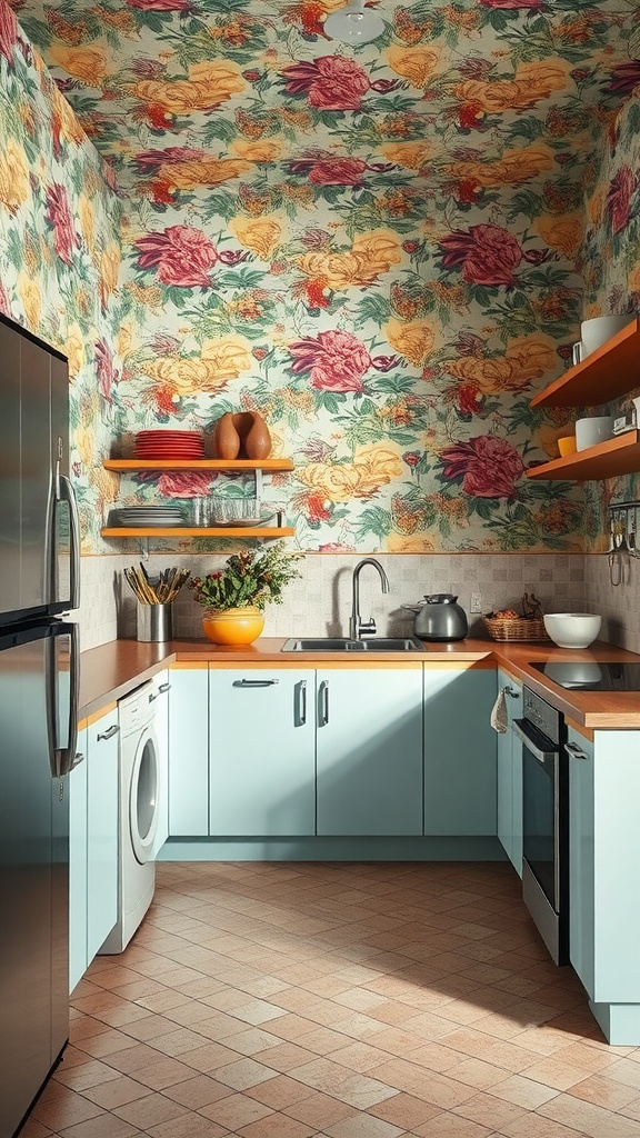 Mid-century modern kitchen featuring floral wallpaper and blue cabinetry.