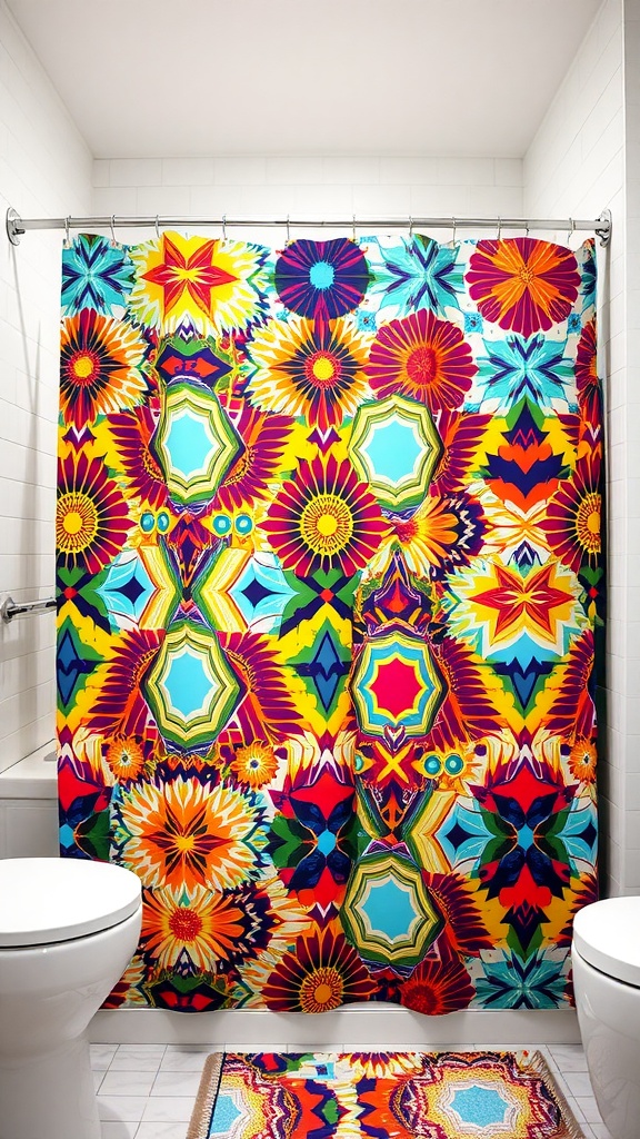 A bright and colorful shower curtain with bold patterns and floral designs in a bathroom setting.