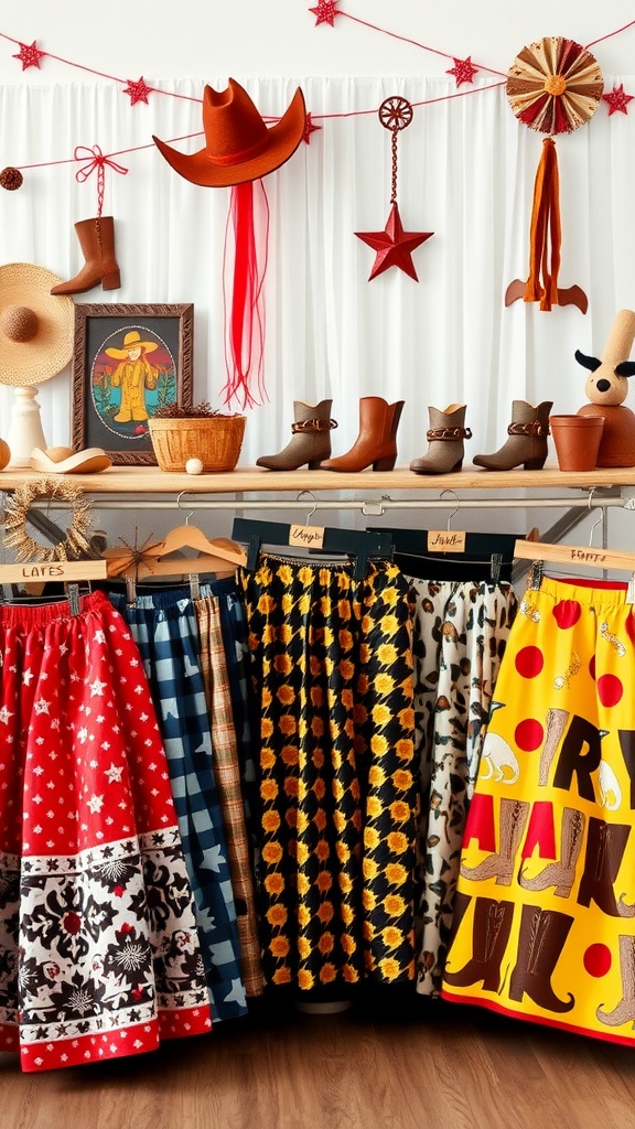 A display of various western skirts with bold patterns, showing a colorful collection