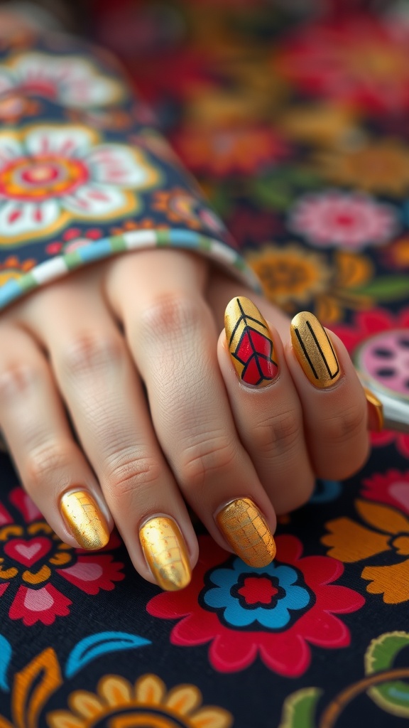 A hand with gold almond nails featuring vibrant patterns on a colorful floral background.