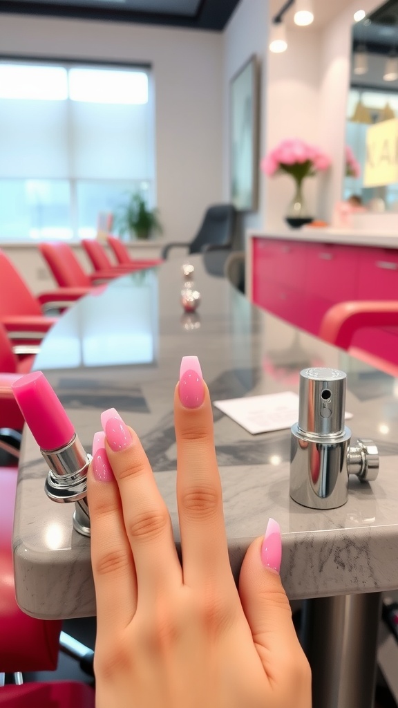 Nails with bold pink French tips and chrome accents