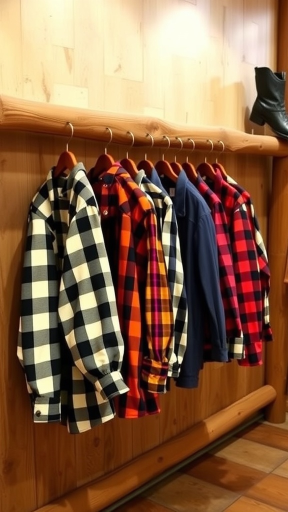A variety of bold plaid shirts hanging on a wooden rack, showcasing different colors and styles.
