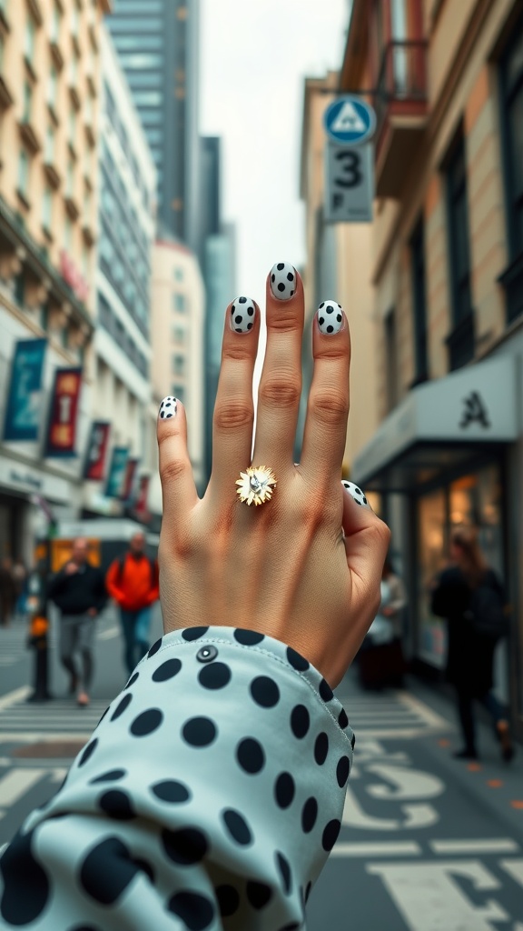 A hand displaying black and white polka dot nails in an urban setting