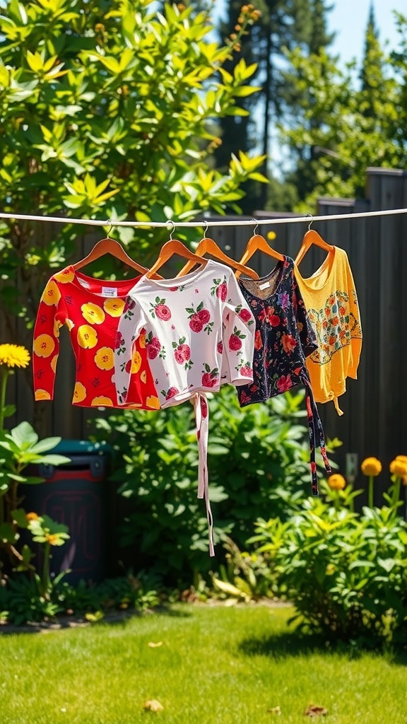 Colorful crop tops hanging on a clothesline surrounded by greenery