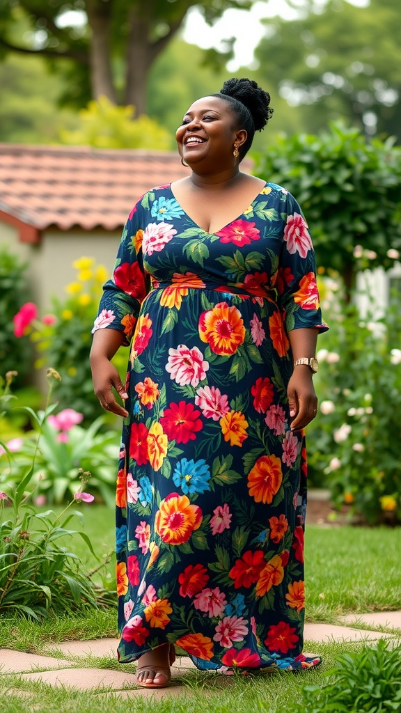 A woman smiling while wearing a vibrant floral maxi dress in a garden setting.