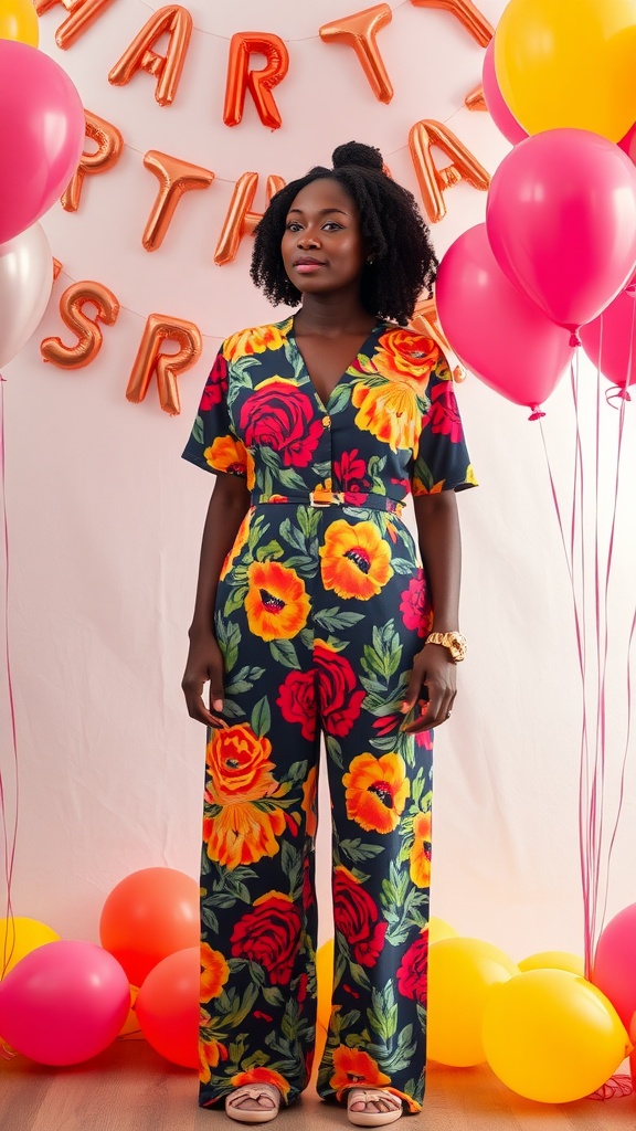 A woman wearing a bold printed jumpsuit with floral patterns in a birthday celebration setting with balloons.