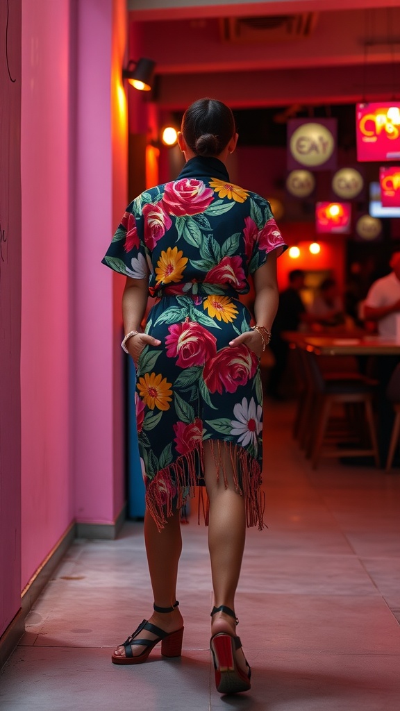 A person wearing a colorful floral dress with fringes, standing in a vibrant summer club setting.