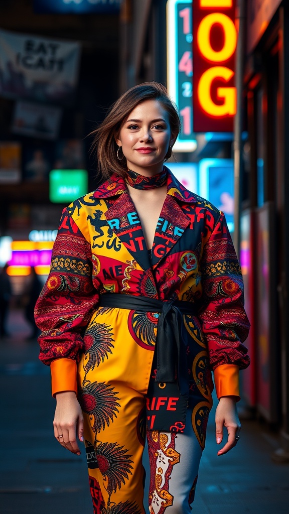 A woman in a colorful, patterned outfit standing in a vibrant city street at night.