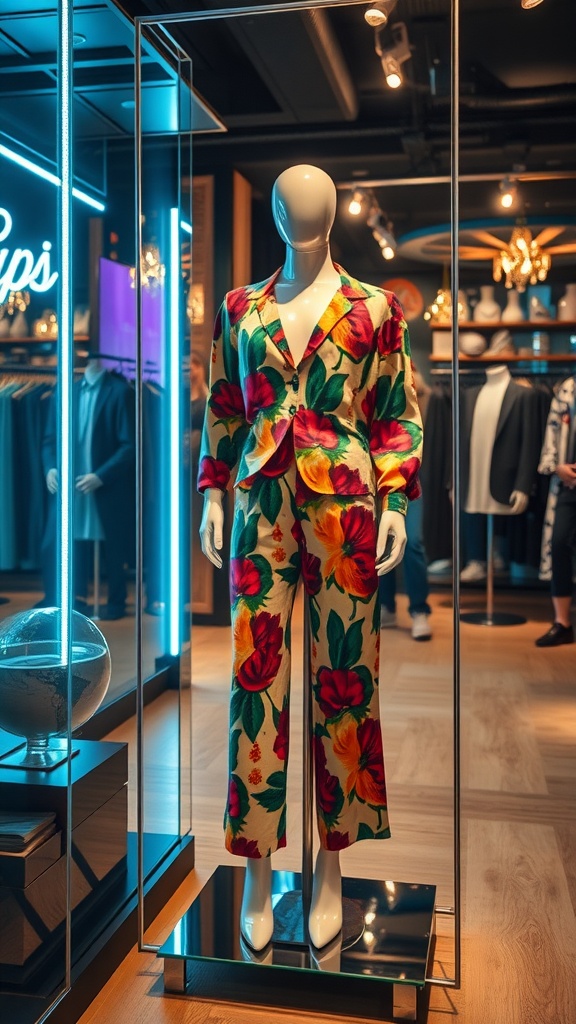A vibrant floral printed outfit displayed on a mannequin in a store.