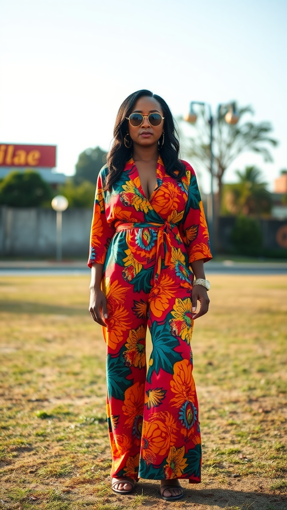A woman in a colorful floral jumpsuit, standing outdoors with sunglasses.