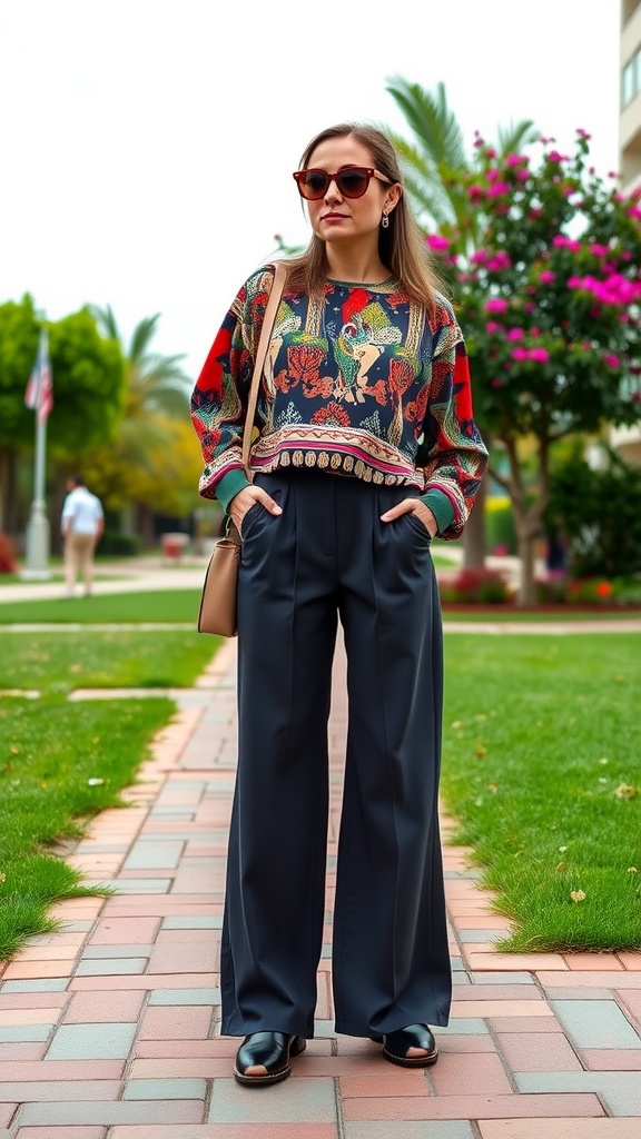 A person wearing a colorful printed sweatshirt and wide-leg pants, posing outdoors.