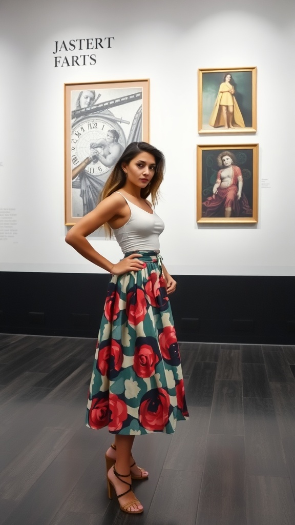 A woman in a floral statement skirt standing in an art gallery