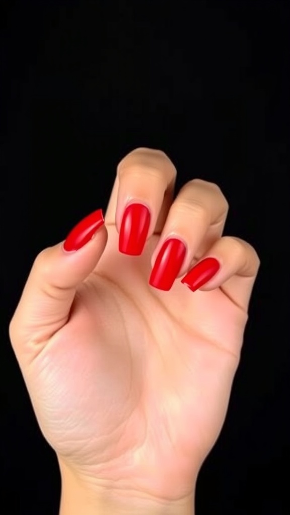 Close-up of a hand showing bold red almond-shaped acrylic nails against a black background.