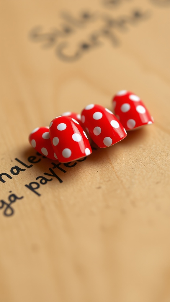 Close-up of red nails with white polka dots on a wooden surface.