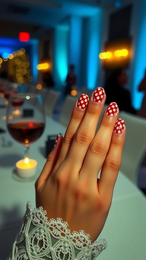 Close-up of a hand with red polka dot nails at a classy event, with a glass of wine and candlelight in the background.