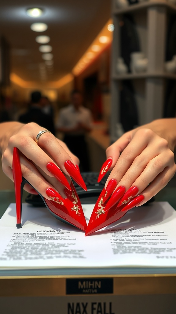 A pair of bold red stiletto heels next to perfectly manicured red nails with gold accents on a stylish background.
