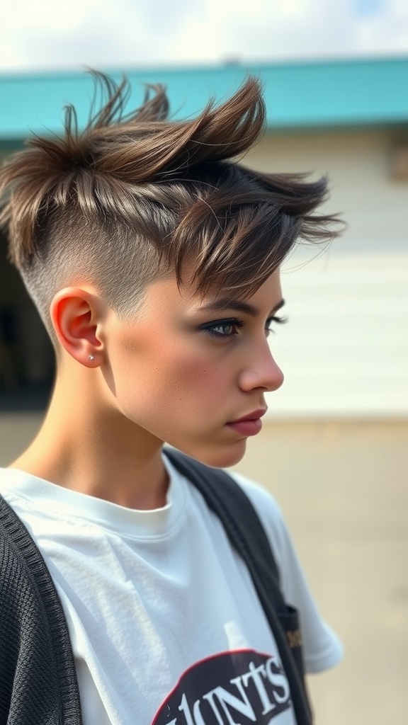 A person with a bold short haircut featuring a side part and spiked hair on top.