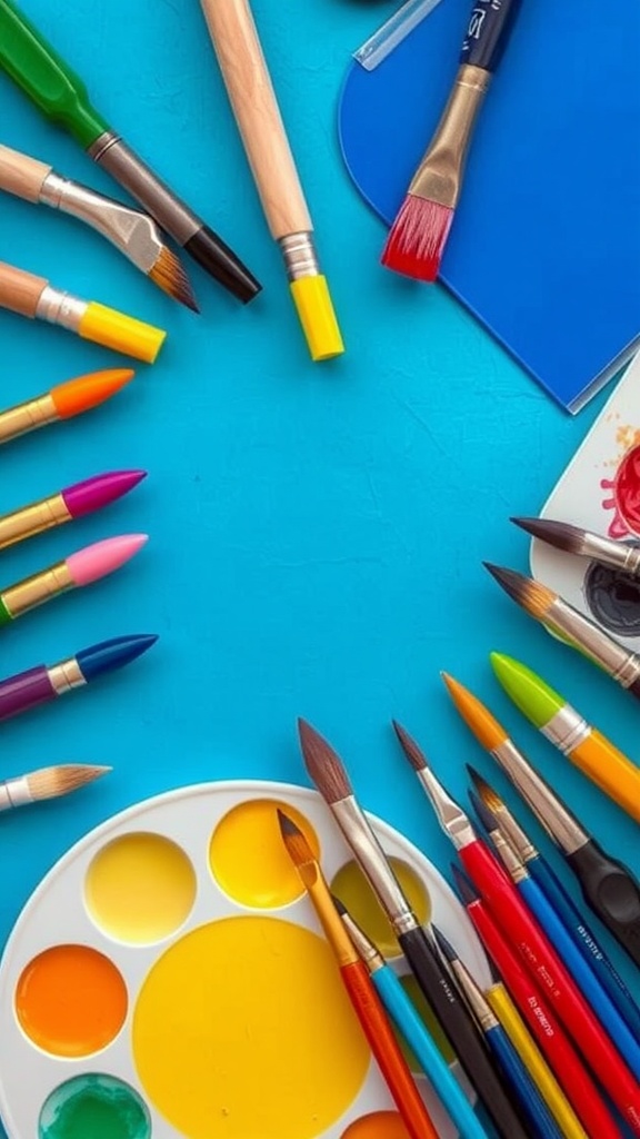 An assortment of colorful paintbrushes and paints on a blue background