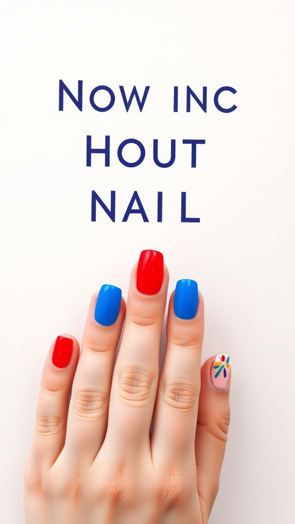 A hand with short acrylic nails painted in bold red and blue colors, with one nail featuring a colorful design.