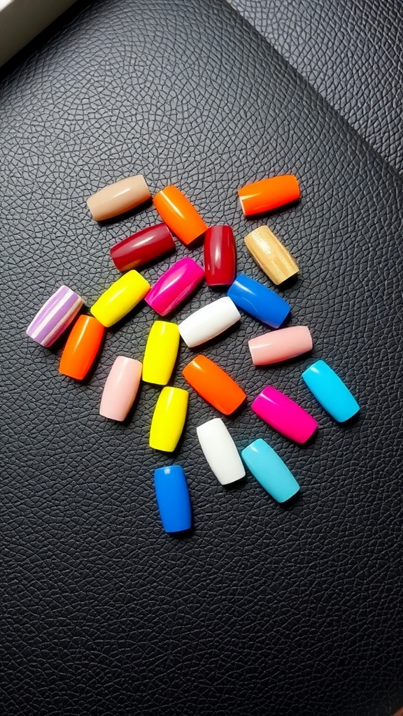 A variety of bold solid color nail tips arranged on a black surface.