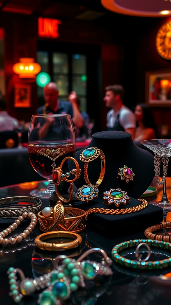 A collection of bold jewelry pieces displayed on a table in a club setting with people in the background.