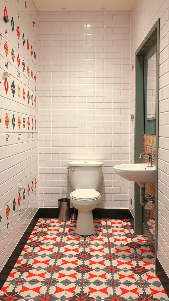 A modern guest bathroom featuring white subway tiles on the walls and colorful patterned tiles on the floor.