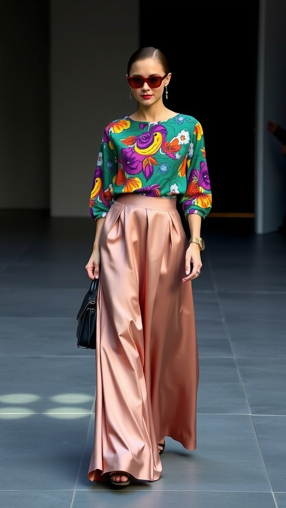 Model wearing a colorful print top and a satin maxi skirt, accessorized with sunglasses and a handbag.
