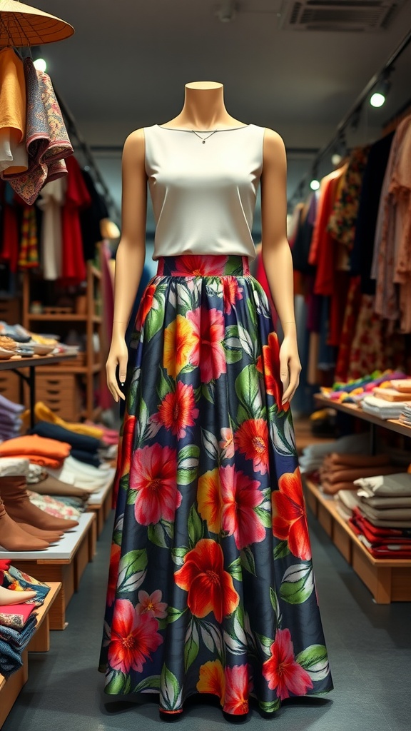 A mannequin dressed in a floral printed maxi skirt and a white tank top, displayed in a clothing store.