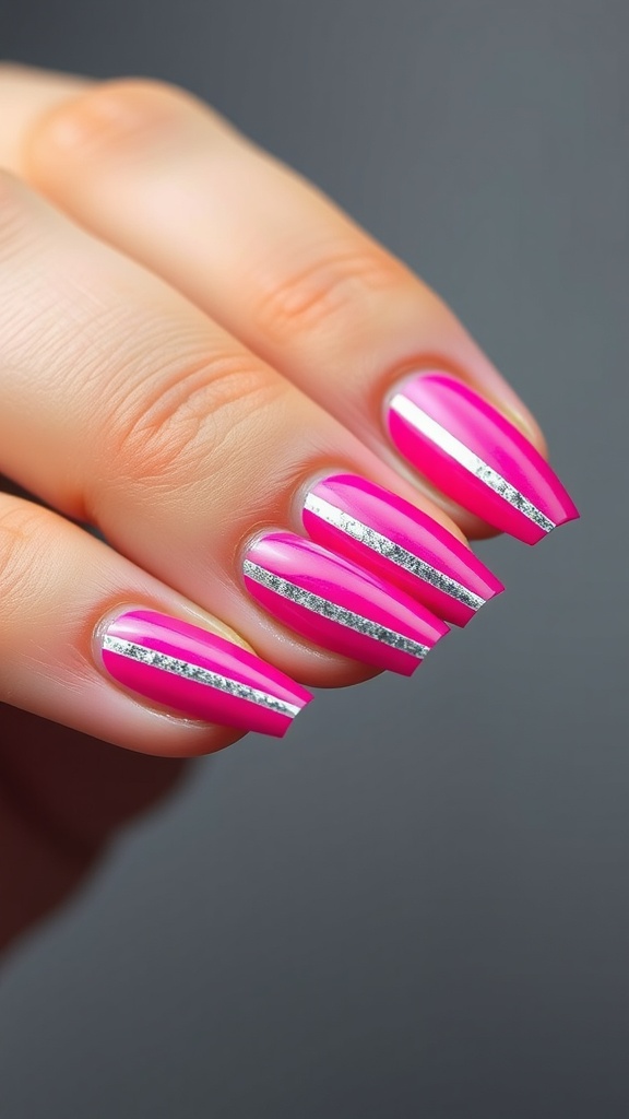 Nails with bold pink color and chrome stripes