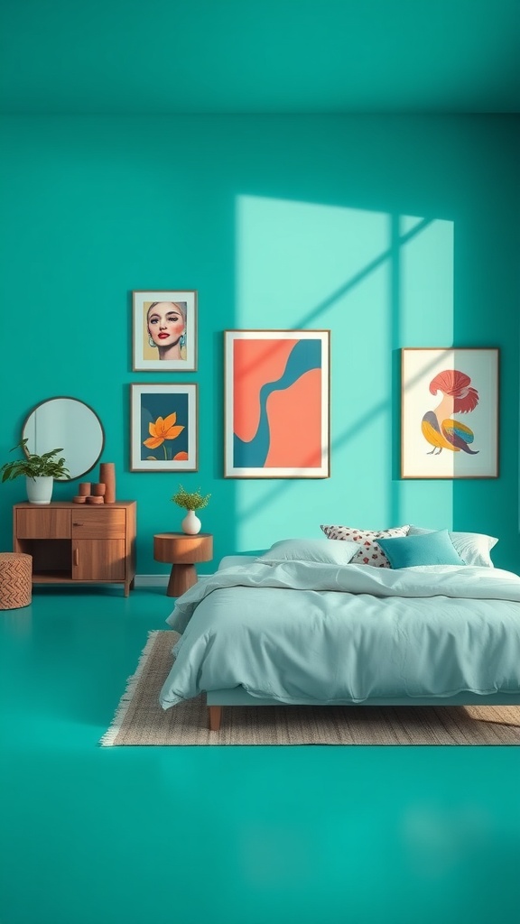 A vibrant teal bedroom featuring framed artwork, a cozy bed, and wooden furniture.