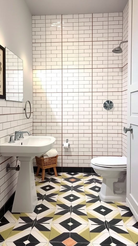 Modern guest bathroom with bold patterned floor tiles and white subway tile walls.