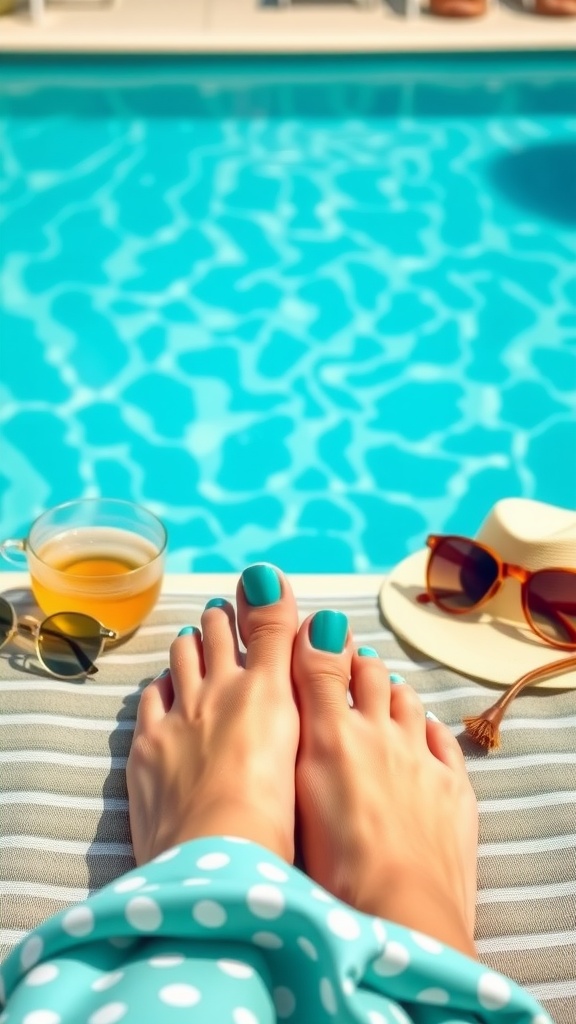 Close-up of feet with turquoise toenails resting by a poolside with a drink.