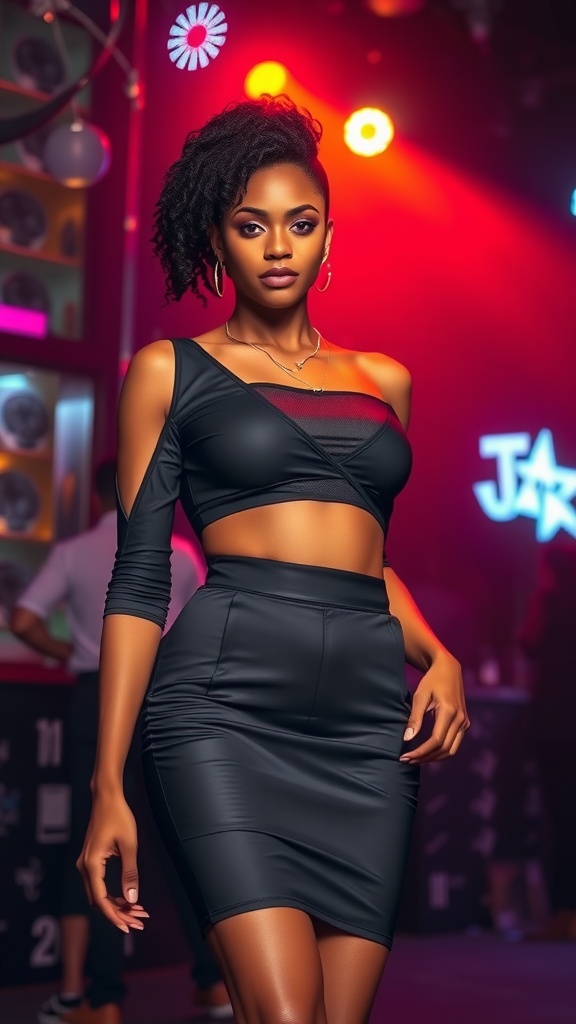 A confident black woman wearing a stylish black two-piece outfit, consisting of a cropped top and a fitted skirt, in a vibrant club setting.