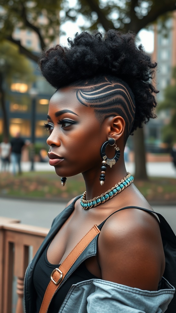 A black woman with a stylish bold undercut hairstyle featuring intricate designs, wearing bold earrings and a necklace.