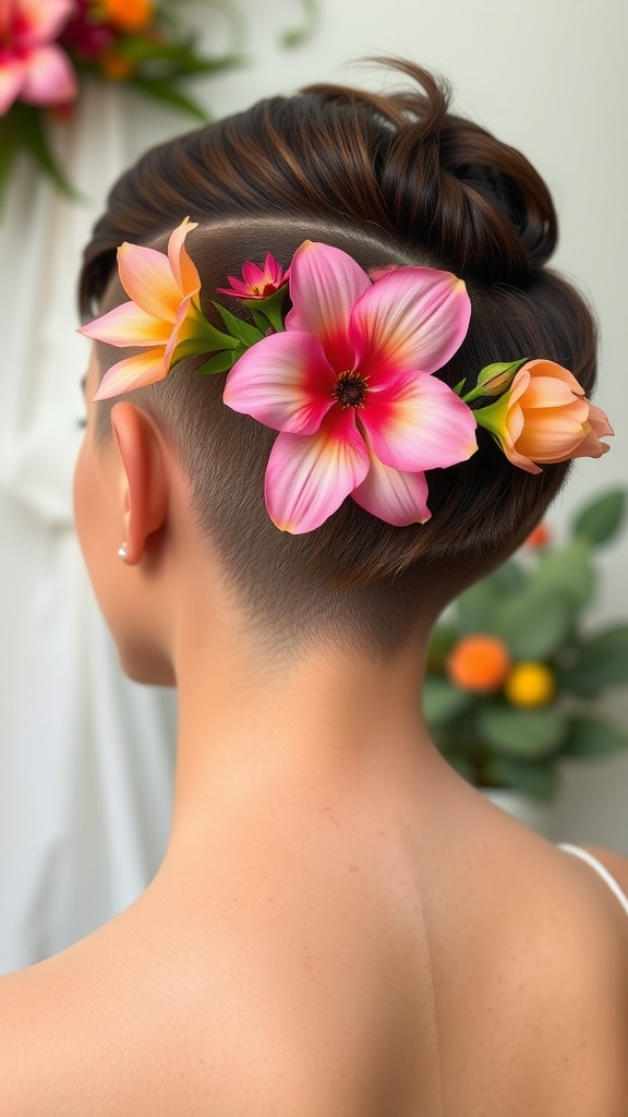 A back view of a woman with short hair styled in a bold undercut, adorned with colorful floral accents.