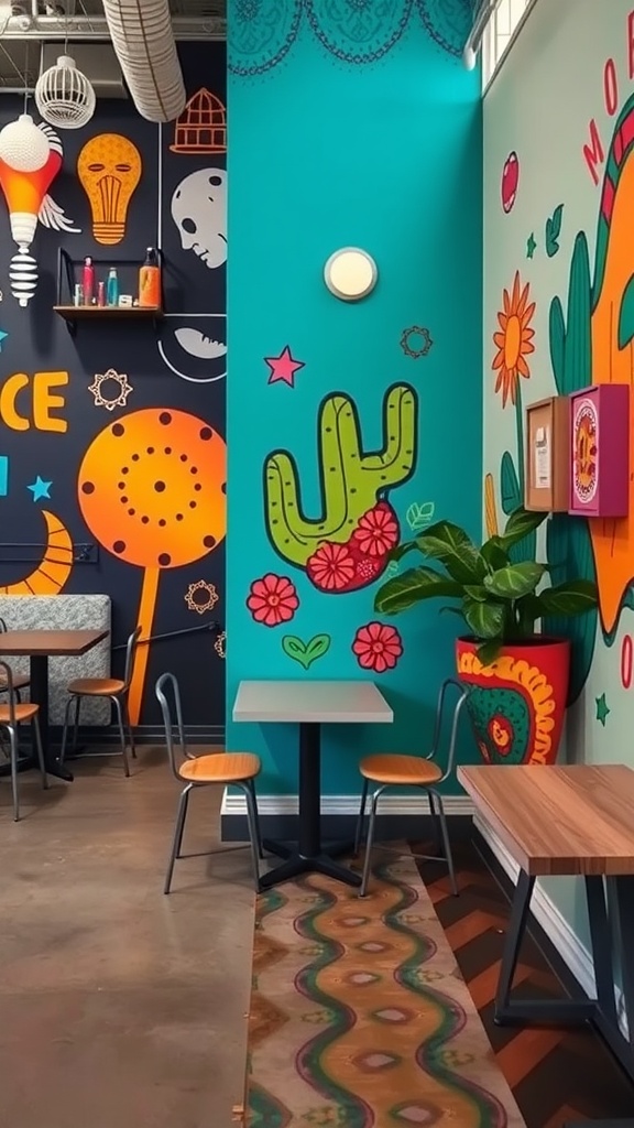 Colorful modern Mexican decor featuring wall art and murals.