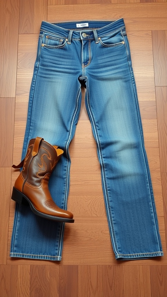 A pair of bootcut jeans laid out with a brown cowboy boot beside them.