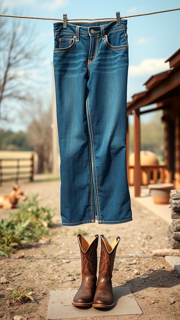 Bootcut jeans hanging on a line with cowboy boots below