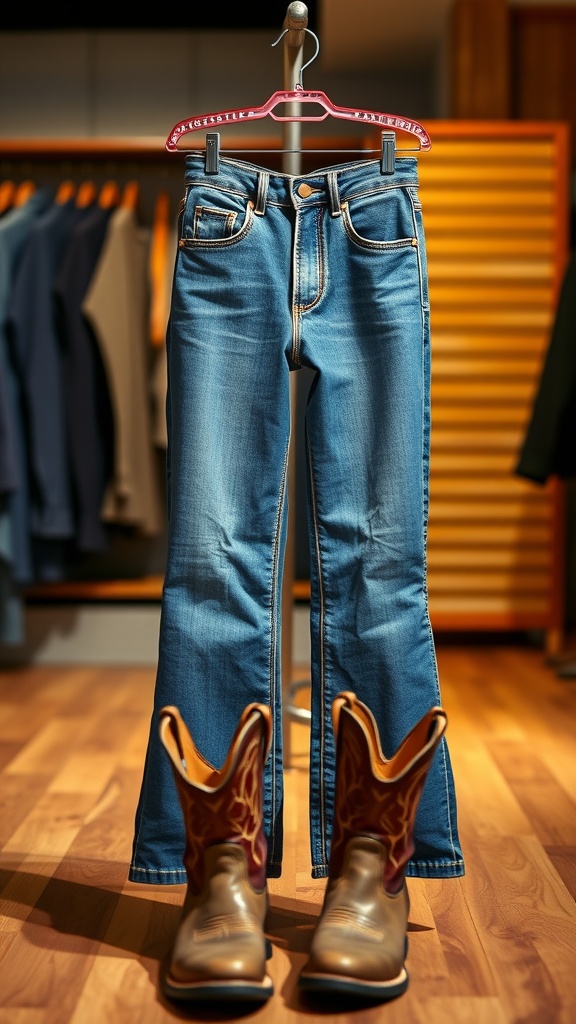 A pair of bootcut jeans hanging on a rack with cowboy boots placed underneath.