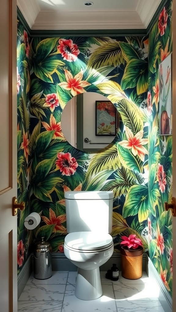 A vibrant guest bathroom featuring botanical wallpaper with large green leaves and bright flowers, complemented by a circular mirror and simple decor.